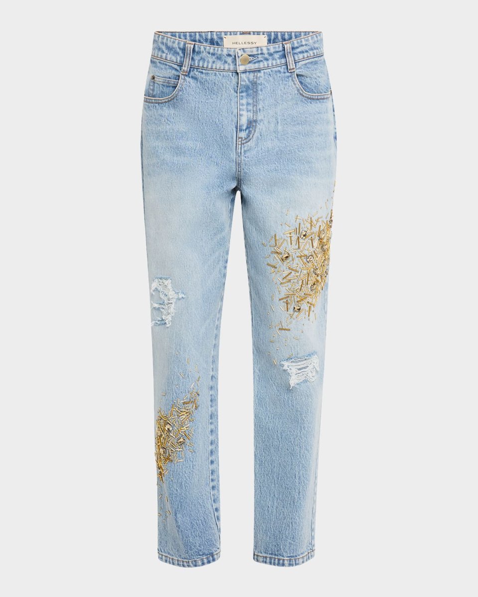 Hideki Embellished Distressed Straight-Leg Ankle Jeans